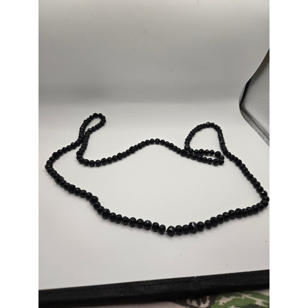 Vintage Black Beaded Long Strand Necklace Matte Faceted Geometric Beads 40 Inch